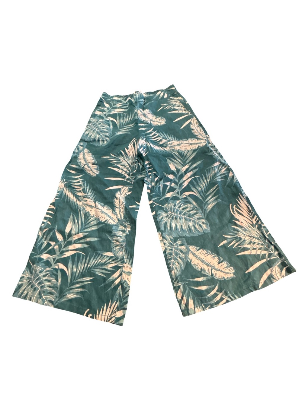 C&C California 100% Linen Wide Leg Tropical Palm Print Pants Teal White Small